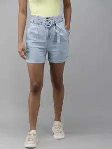 Roadster Women Blue Solid High-Rise Flared Fit Denim Shorts With Belt