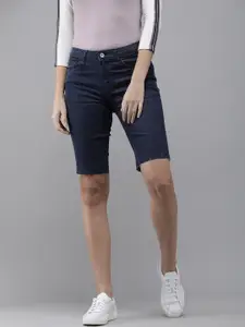Roadster Women Blue Washed Bermuda Skinny Fit Denim Shorts with Raw Hem