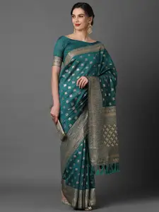 Mitera Teal Blue & Gold-Coloured Ethnic Motifs Woven Design Zari Silk Blend Banarasi Saree