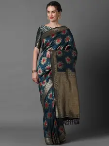 Mitera Teal & Gold-Toned Woven Design Zari Silk Blend Banarasi Saree