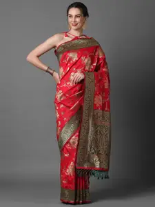 Mitera Red & Gold-Toned Woven Design Silk Blend Banarasi Saree