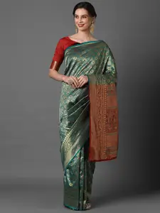 Mitera Teal & Red Woven Design Silk Blend Banarasi Saree