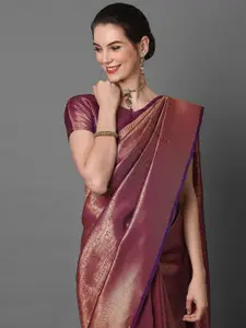 Mitera Burgundy & Gold-Toned Woven Design Silk Blend Banarasi Saree