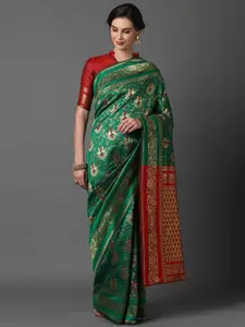 Mitera Green & Red Ethnic Motifs Woven Design Silk Blend Banarasi Saree