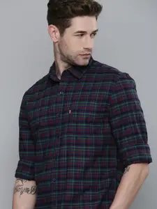Levis Men Dark Blue And Red Slim Fit Tartan Checked Pure Cotton Casual Shirt