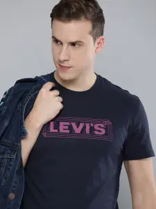 Levis Men Navy Blue Brand Logo Printed Round Neck Pure Cotton T-shirt
