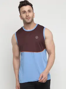 CHKOKKO Men Brown  Blue Colourblocked Gym T -Shirt