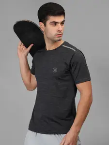 CHKOKKO Men Gunmetal-Toned Self Designed Round Neck Sports T-shirt