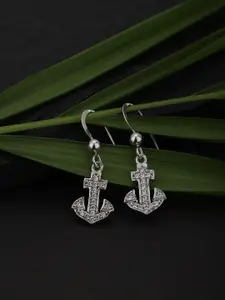 Carlton London Silver-Toned Rhodium-Plated Stone-Studded Anchor Shaped Drop Earrings