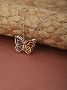 Carlton London Rose Gold-Toned & Silver-Toned Rhodium-Plated Butterfly Pendant with Chain