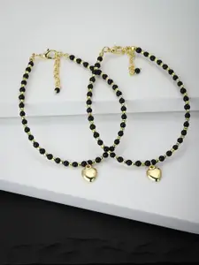 Carlton London Set of 2 Black & Gold-Toned Beaded Anklets with Heart Charm Detail