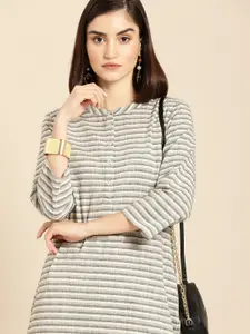 Anouk Women Charcoal & Grey Striped Mandarin-Collar Straight Kurta