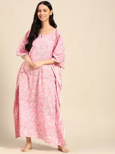 Prakrti Women Pink & White Printed Hand Block Floral Jaal Print Kaftan Nightdress