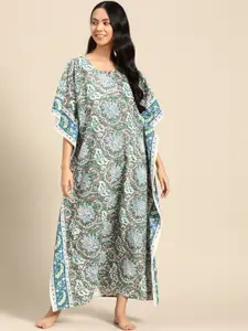 Prakrti Grey & Green Pure Cotton Printed Maxi Kaftan Nightdress