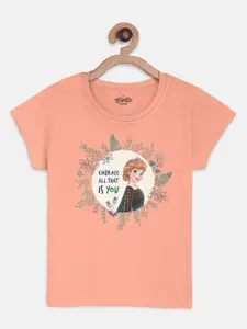 Kids Ville Girls Peach-Coloured Frozen Feature Printed Pure Cotton T-shirt