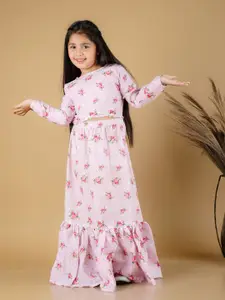 VASTRAMAY Girls Pink & Green Printed Linen Crop Top & Ruffle Skirt