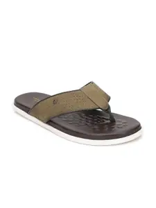 Louis Philippe Men Olive Green & Brown Leather Comfort Sandals
