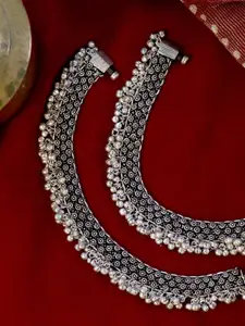 TEEJH Set Of 2 Oxidised Silver-Plated Veena Rawa Ghungroo Anklets