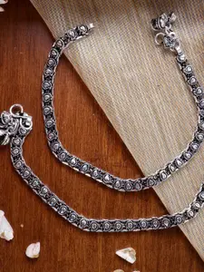 TEEJH Set Of 2 Oxidised Silver-Plated Disha Linked Ghungroo Anklets