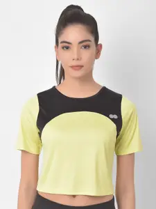 Clovia Women Yellow & Black Colourblocked Training or Gym T-shirt