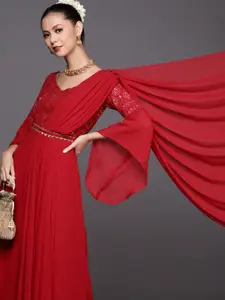 Inddus Red Yoke Embroidered Flared Gown with Attached Dupatta and Sequinned Belt
