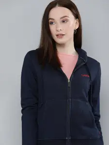 Levis Women Navy Blue Brand logo Embroidered Hooded Sweatshirt