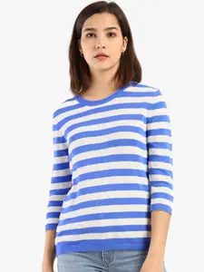 Levis Women White  Blue Striped Pure Cotton T-shirt