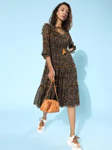 Antheaa Navy Blue & Brown Floral Tie-Up Neck Chiffon A-Line Midi Dress