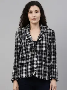 Campus Sutra Women Black & White Comfort Fit Checked Single-Breasted Casual Blazer