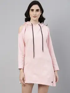Campus Sutra Women Pink Solid Hooded T-shirt Dress