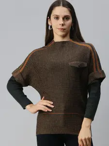 Campus Sutra Women Brown & Charcoal Grey Self Design Pullover Sweater