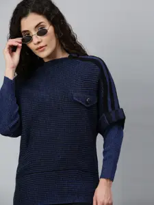 Campus Sutra Women Navy Blue Self Design Pullover Sweater