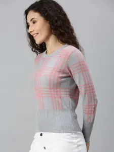 Campus Sutra Women Grey & Pink Checked Pullover Sweater