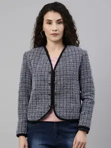 Campus Sutra Women Navy Blue & White Comfort Fit Checked Collarless Casual Blazer