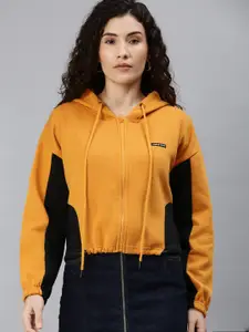 Campus Sutra Women Mustard Yellow & Black Colourblocked Hooded Sweatshirt