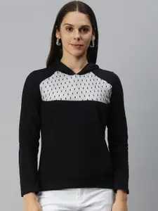 Campus Sutra Women Black & White Colourblocked Hooded Sweatshirt