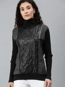 Campus Sutra Women Charcoal Grey & Black Colourblocked Turtle Neck Sweatshirt