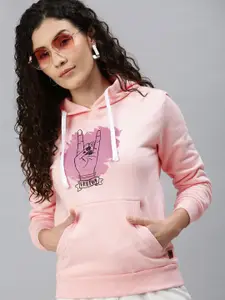 Campus Sutra Women Pink Printed Hooded Sweatshirt