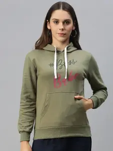 Campus Sutra Women Olive Green Printed Hooded Pullover Sweatshirt