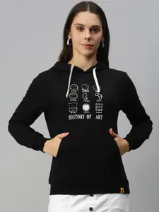 Campus Sutra Women Black Printed Hooded Sweatshirt