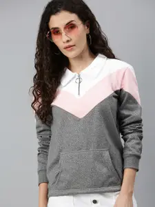 Campus Sutra Women Grey and Pink Colourblocked Pure Cotton Sweatshirt