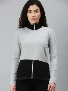 Campus Sutra Women Grey Melange & Black Colourblocked Front-Open Sweatshirt