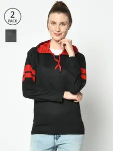 MACK JONNEY Women Grey and Black Pack of 2 Hooded T-shirts