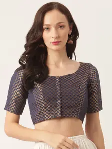 Studio Shringaar Navy Blue & Golden Brocade Woven Design Saree Blouse