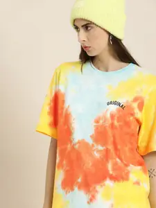 DILLINGER Women Multicoloured Tie and Dye Drop-Shoulder Sleeves Oversized Pure Cotton T-shirt
