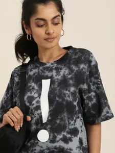 DILLINGER Women Navy Blue & Grey Tie and Dye Dyed Drop-Shoulder Sleeves Oversized T-shirt