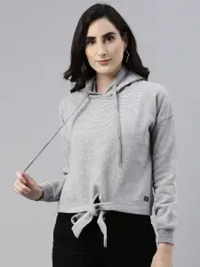 Campus Sutra Women Grey Hooded Sweatshirt with Tie-Up Hem