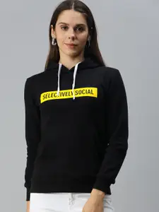 Campus Sutra Women Black & Yellow Printed Hooded Sweatshirt