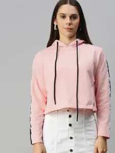 Campus Sutra Women Pink Hooded Pullover Cropped Sweatshirt