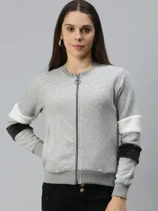 Campus Sutra Women Grey Melange & White Striped Front-Open Sweatshirt